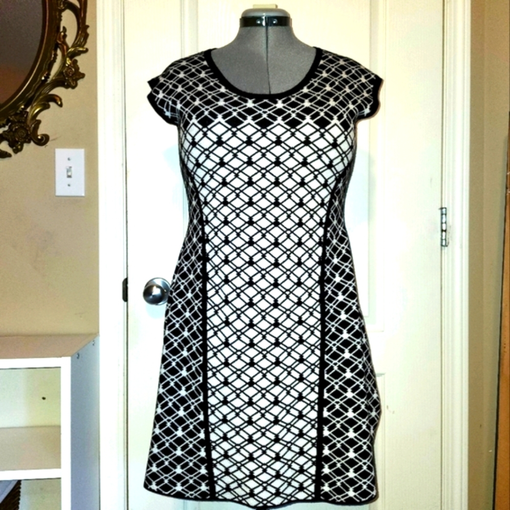 Pink Rose fit and flare black and white knit sweater dress in size Large